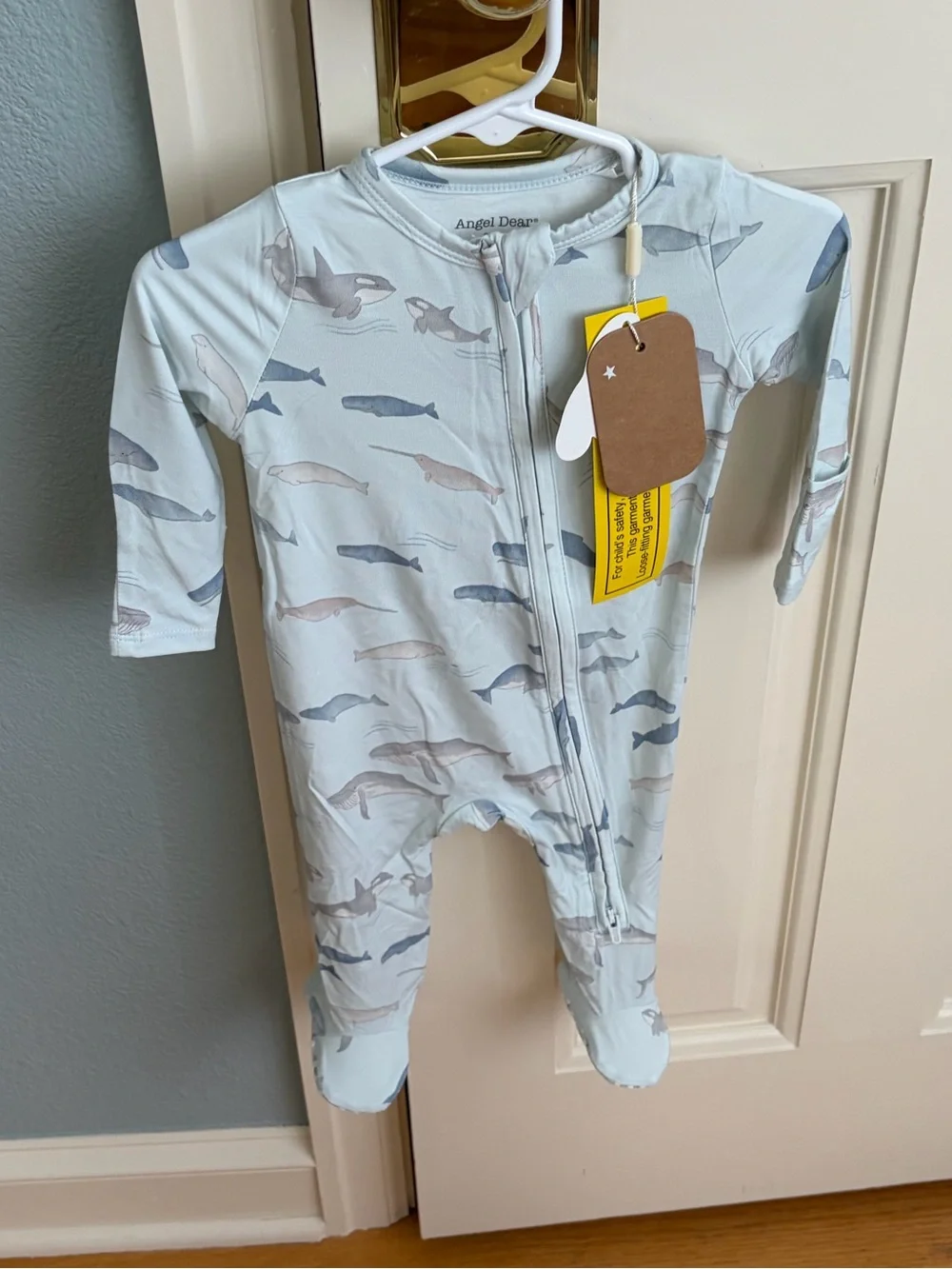 NWT Angel Dear bamboo Light Blue Whale Print Zipper Footed One-Piece Pajama 3-6M